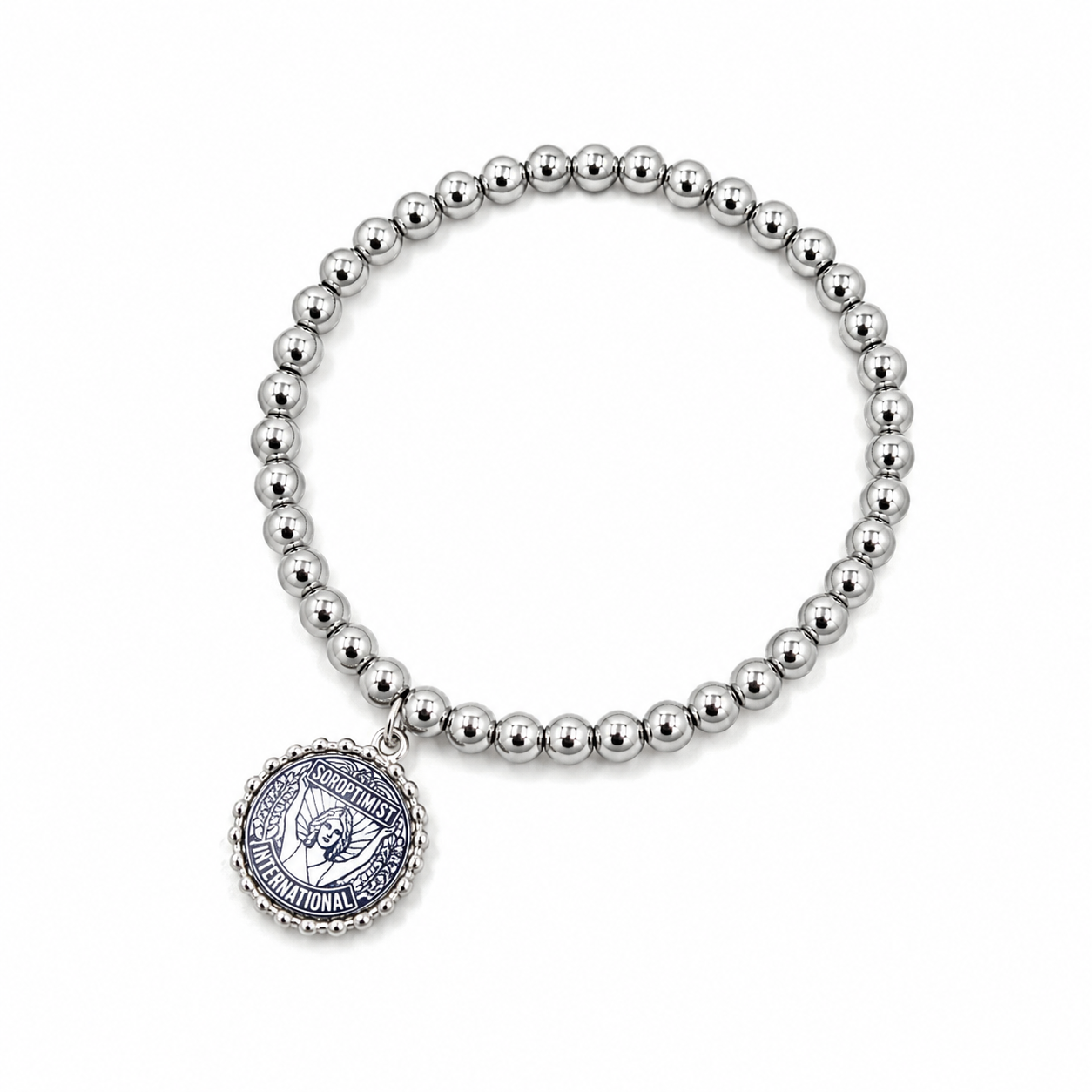Silberfarbenes Kugelarmband aus Schmuckmetall mit blauem Soroptimist-Emblem und transparenter Schutzschicht.
