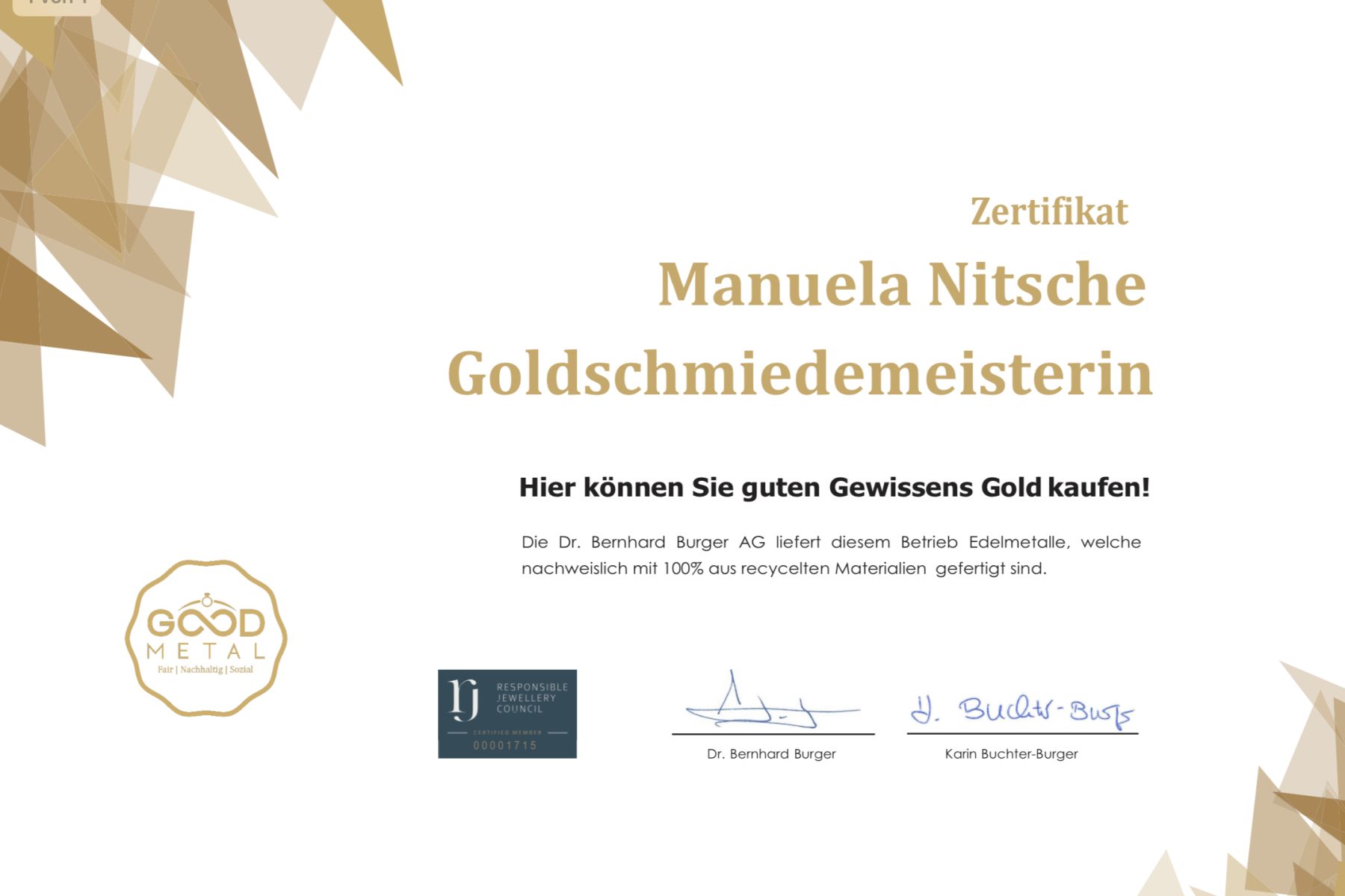 RJC Zertifikat der Dr. Bernhard Burger AG. Der Responsible Jewellery Council (RJC) ist ein internationaler Zusammenschluss von Unternehmen aus der Gold- und Juwelierwarenbranche von der Mine bis zum Handel.